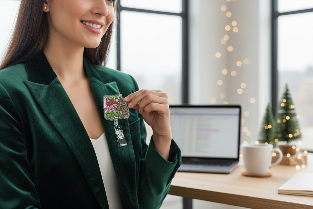 I Like ’Em Real Thick & Sprucey Christmas Badge Reel | Funny Holiday Nurse ID Badge Holder