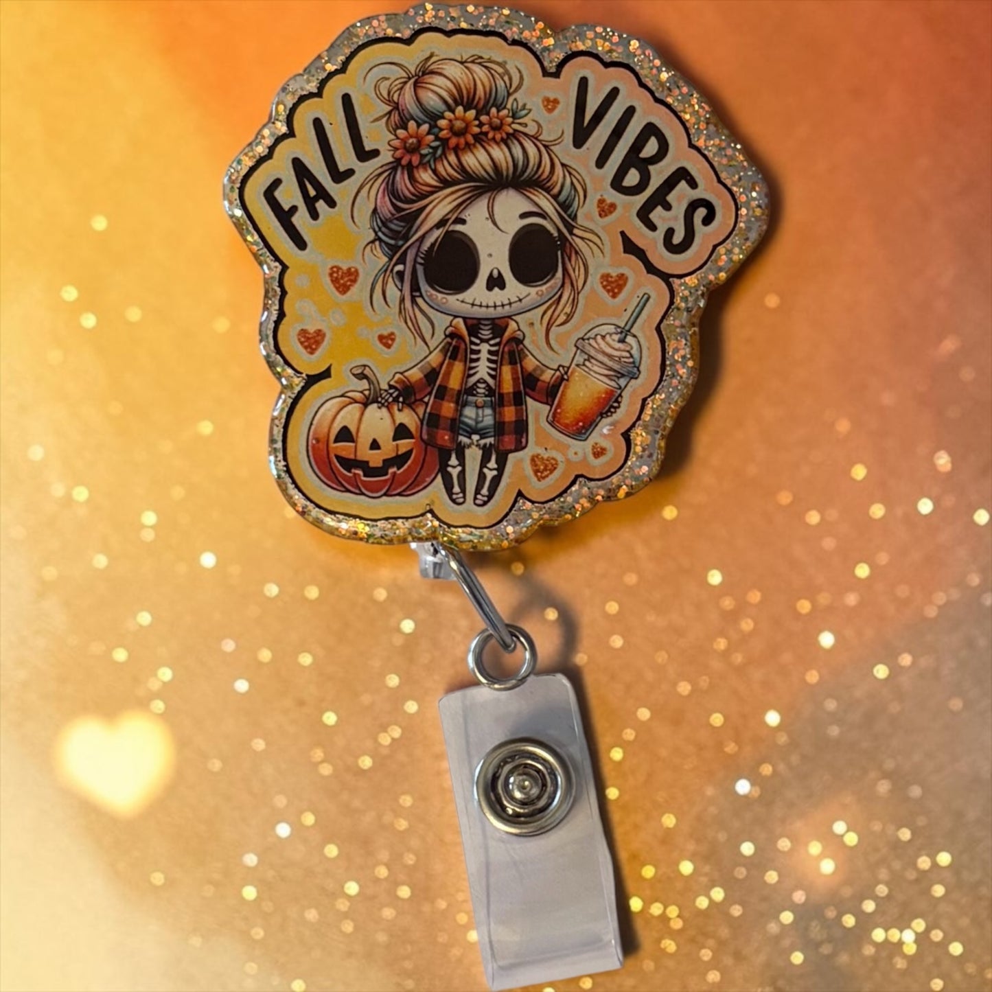 Fall Vibes Badge Reel – Cute Skeleton Pumpkin Clip for Nurses, Teachers, or Office Staff