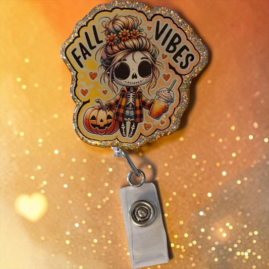 Fall Vibes Badge Reel – Cute Skeleton Pumpkin Clip for Nurses, Teachers, or Office Staff