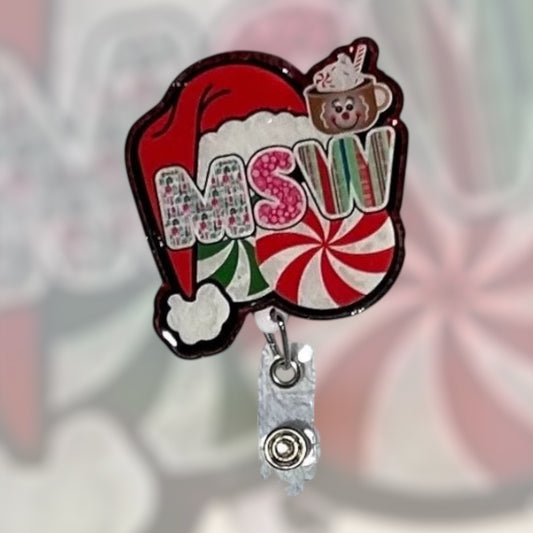 MSW Christmas Badge Reel | Holiday Social Worker ID Holder | Cute Peppermint Santa Clip | Medical Badge Reel Gift for MSW Grad