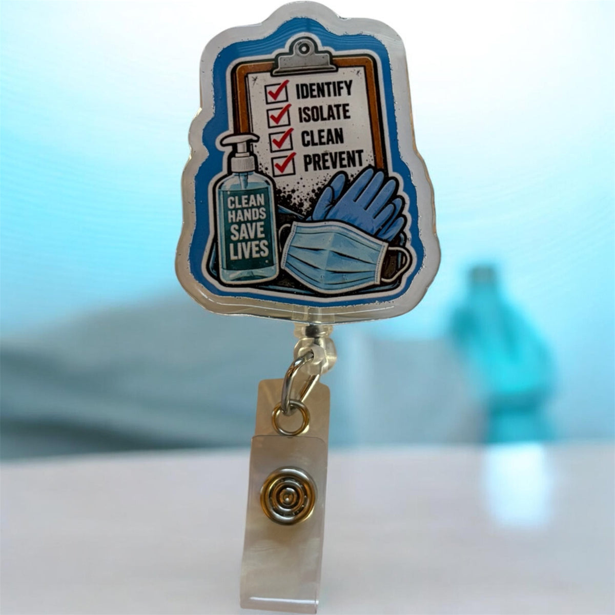 Infection Control Badge Reel | Clean Hands Save Lives | Healthcare Worker ID Badge Holder