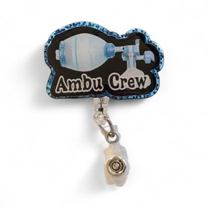 Ambu Crew Badge Reel – Respiratory Therapist Gift, ER Nurse ID Holder, ICU Badge Reel, Funny Medical Badge, Glitter Retractable Reel