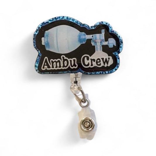 Ambu Crew Badge Reel – Respiratory Therapist Gift, ER Nurse ID Holder, ICU Badge Reel, Funny Medical Badge, Glitter Retractable Reel