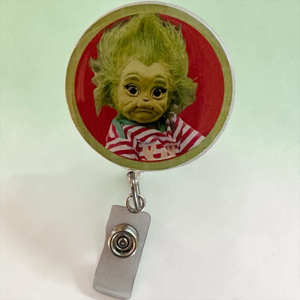 Baby Grinch Retractable Badge Reel – Whimsical Green Furry Holiday ID Badge Holder for Nurses, Teachers & Healthcare Workers