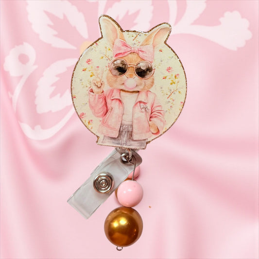 Cool Bunny Easter Badge Reel – Pink Jacket Bunny Nurse ID Holder