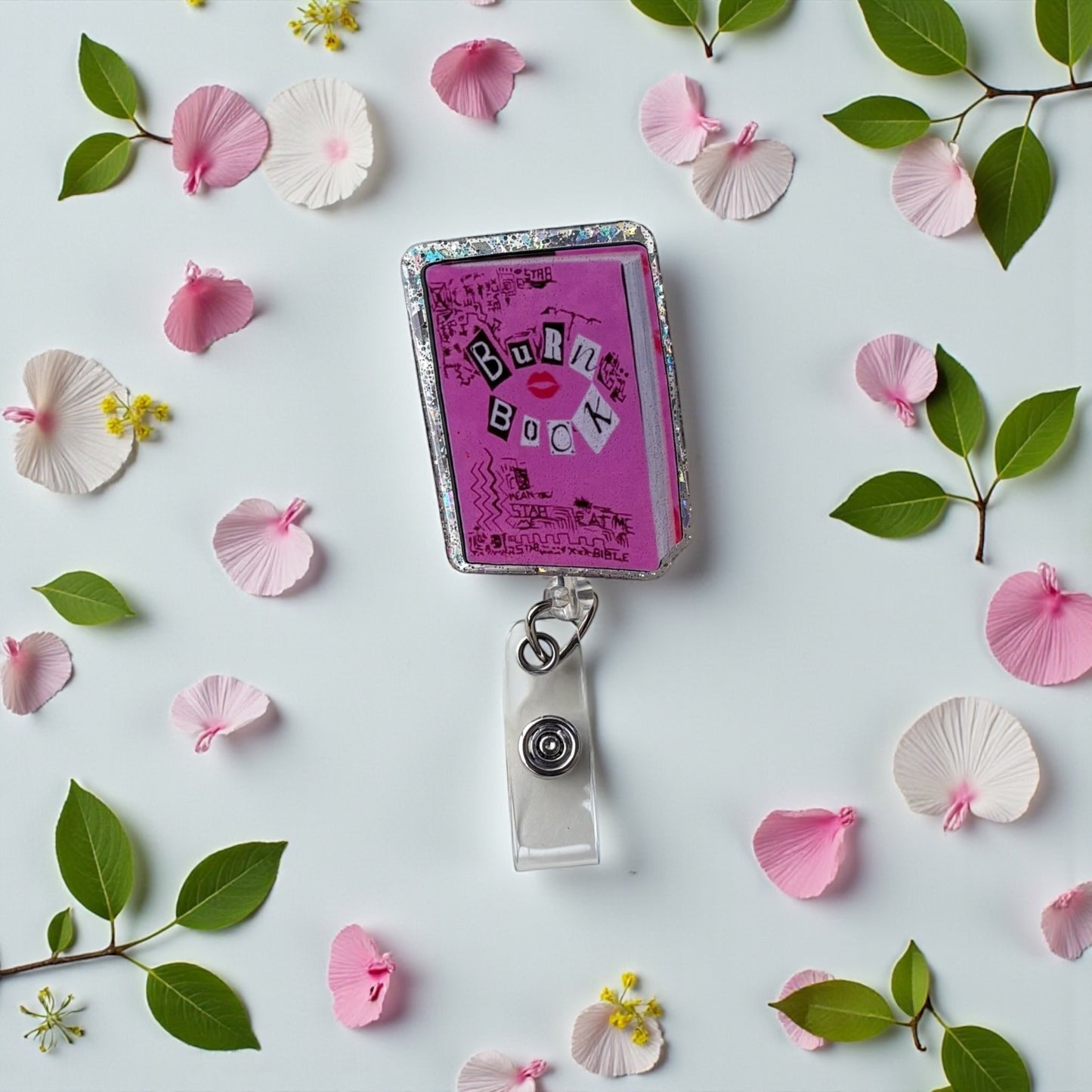 Burn Book Badge Reel – Mean Girls Nostalgia, Glitter Border, Retractable ID Holder