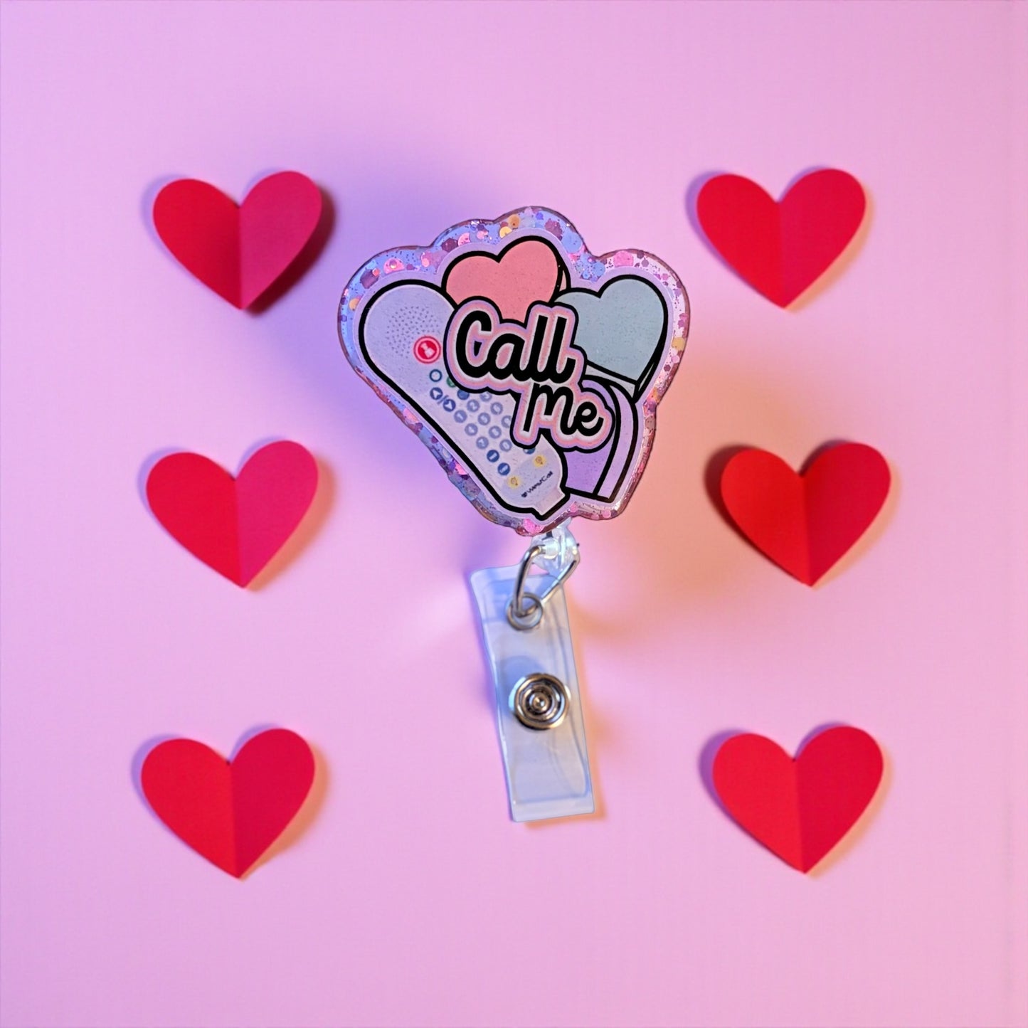 Funny Valentine’s Day Badge Reel - Cute Candy Heart ‘Call Me’ ID Holder, Nurse Badge Clip