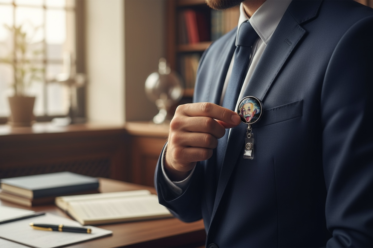 Einstein Tongue Out Badge Reel – Funny ID Holder, Science Teacher Gift, Retractable Name Tag, Nerdy Lanyard Accessory