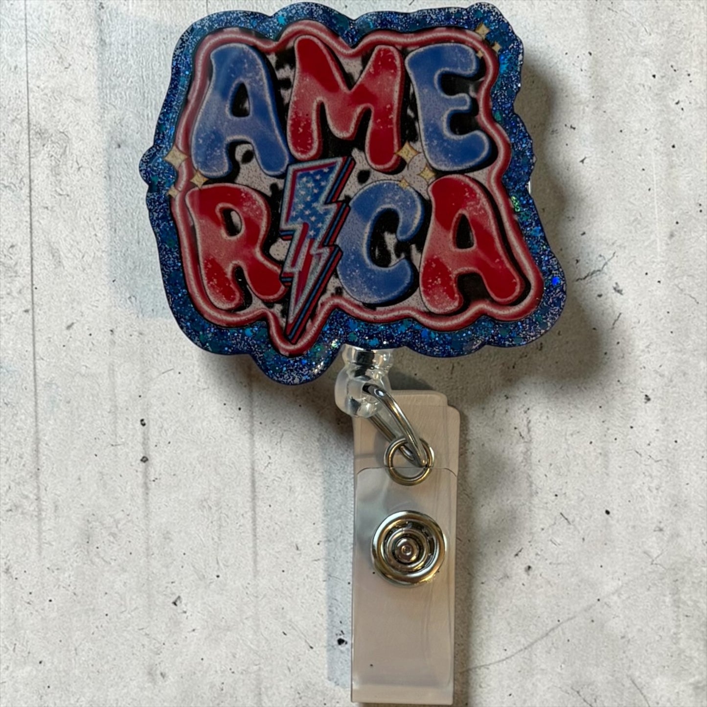 America Patriotic Badge Reel – Red, White & Blue Glitter Healthcare ID Badge Holder