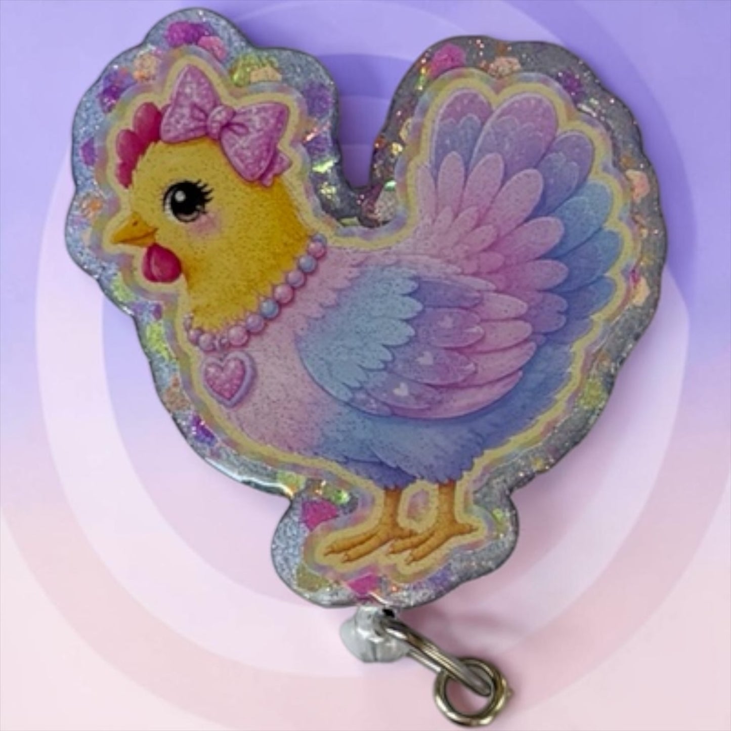 Pastel Glitter Chicken Badge Reel – Cute Girly Nurse Badge Holder