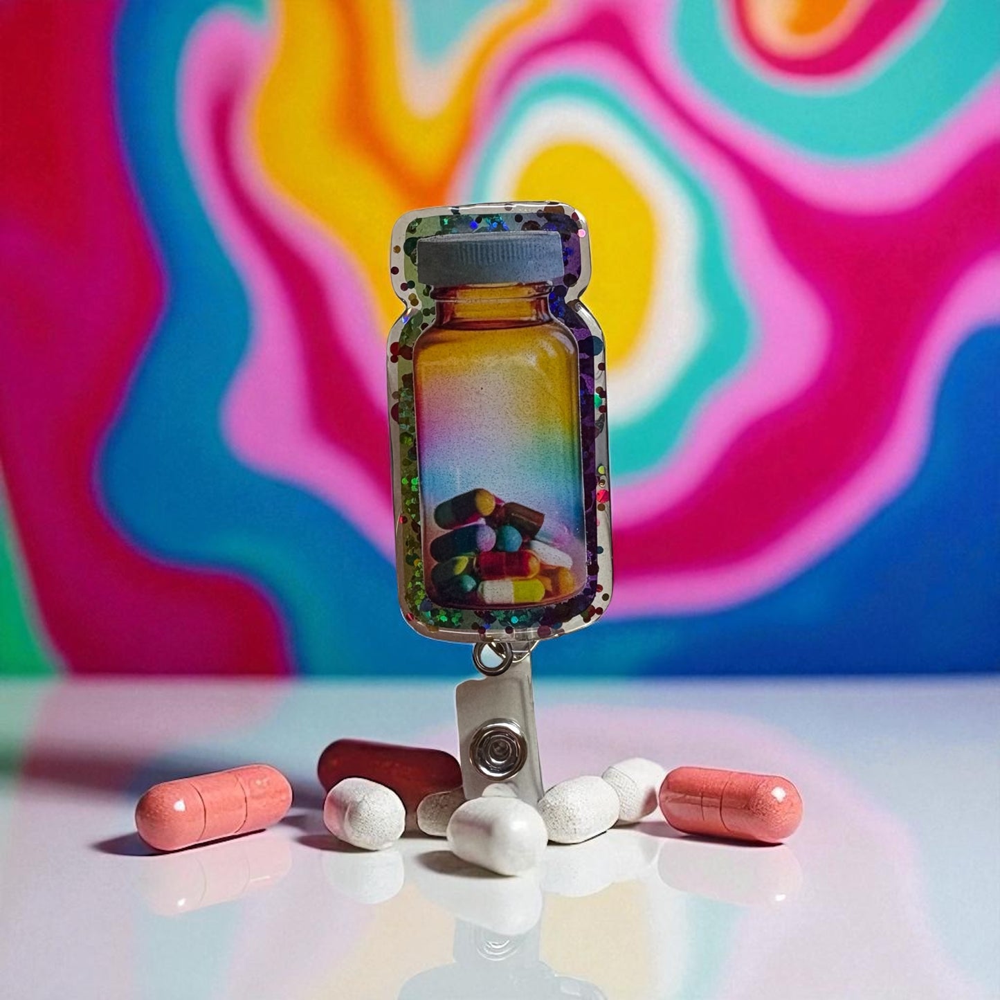 Pharmacy Badge Reel – Pill Bottle Retractable ID Holder – Nurse Gift – Pharmacist Accessory – Cute Medical Badge Clip