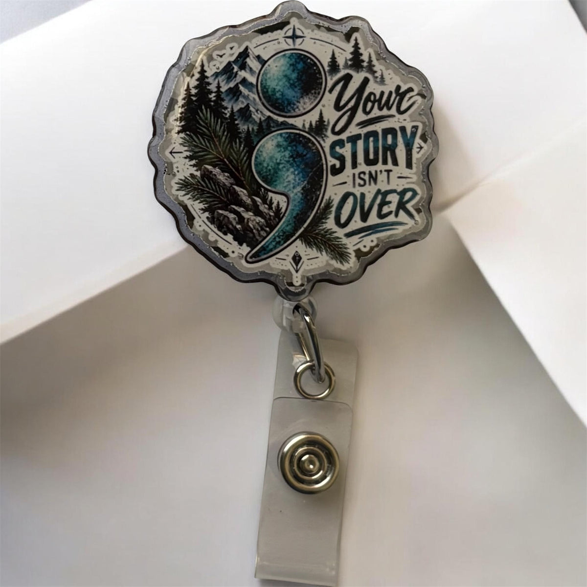 Suicide Awareness Semicolon Badge Reel – “Your Story Isn’t Over” Mental Health Badge Reel