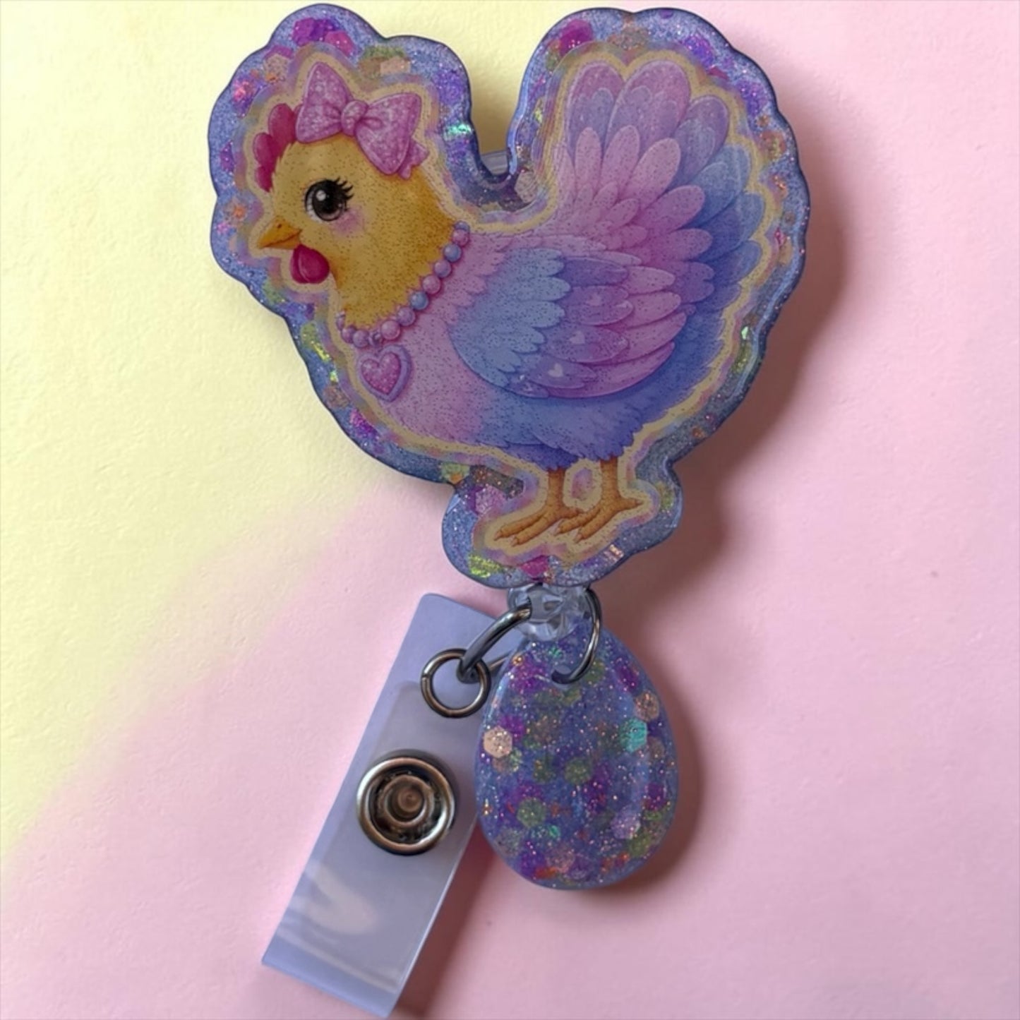 Pastel Glitter Chicken Badge Reel – Cute Girly Nurse Badge Holder