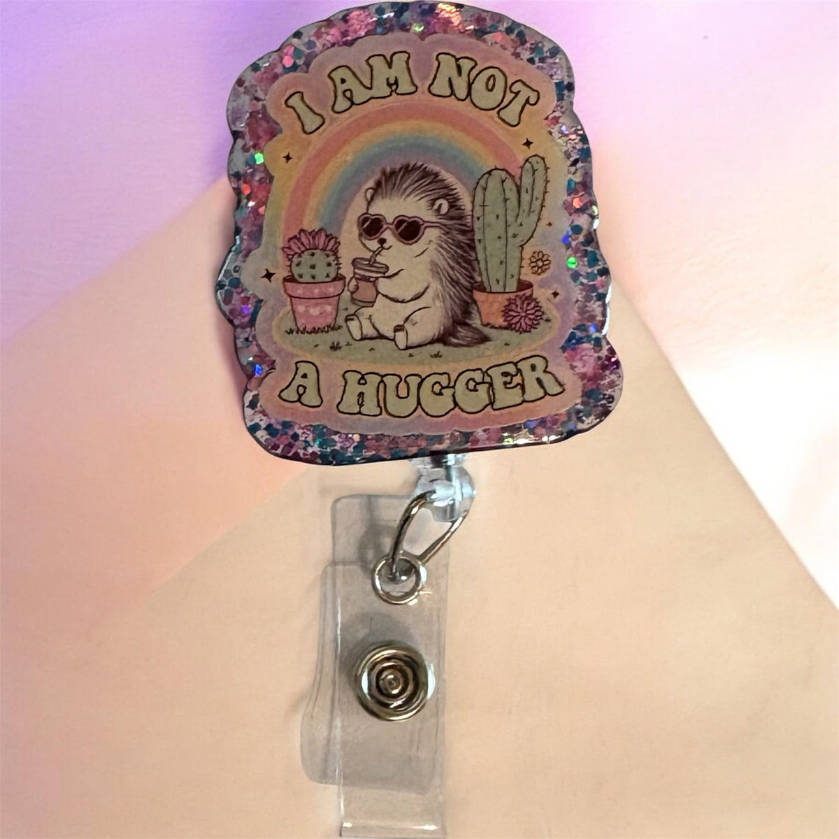 I Am Not a Hugger Badge Reel – Cute Hedgehog Cactus Rainbow ID Holder