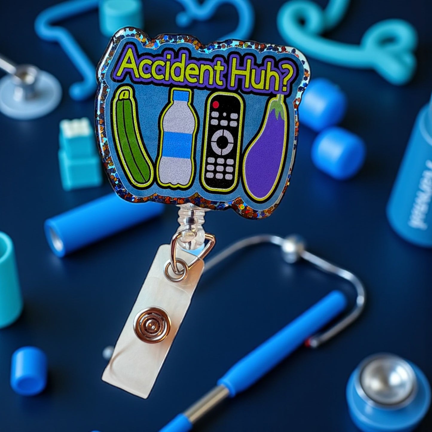 Accident Huh? Funny Badge Reel – Retractable ID Holder with Glitter Edge