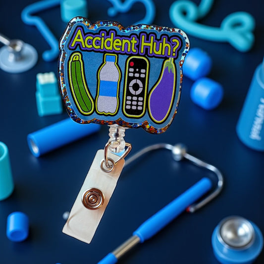 Accident Huh? Funny Badge Reel – Retractable ID Holder with Glitter Edge