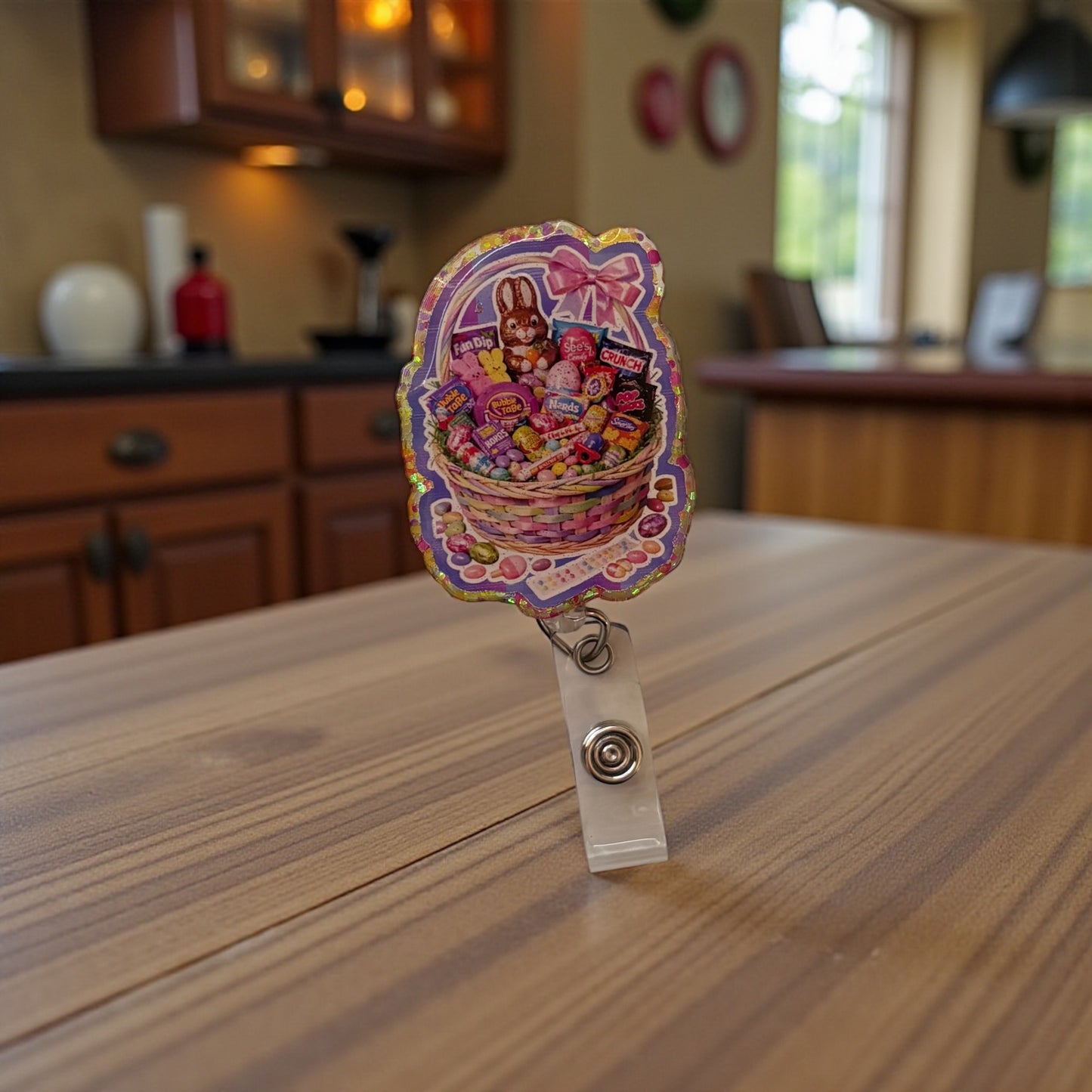 Nostalgic 90s Easter Basket Badge Reel – Retro Candy Bunny Design