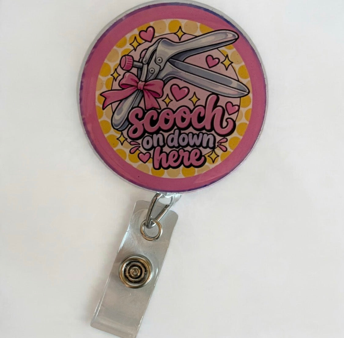 Scooch on Down Here Badge Reel | Funny Labor & Delivery Nurse Badge Holder | OB GYN Healthcare Humor