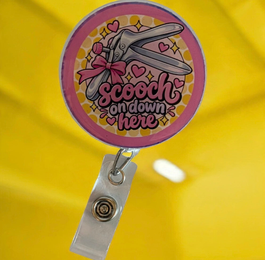 Scooch on Down Here Badge Reel | Funny Labor & Delivery Nurse Badge Holder | OB GYN Healthcare Humor