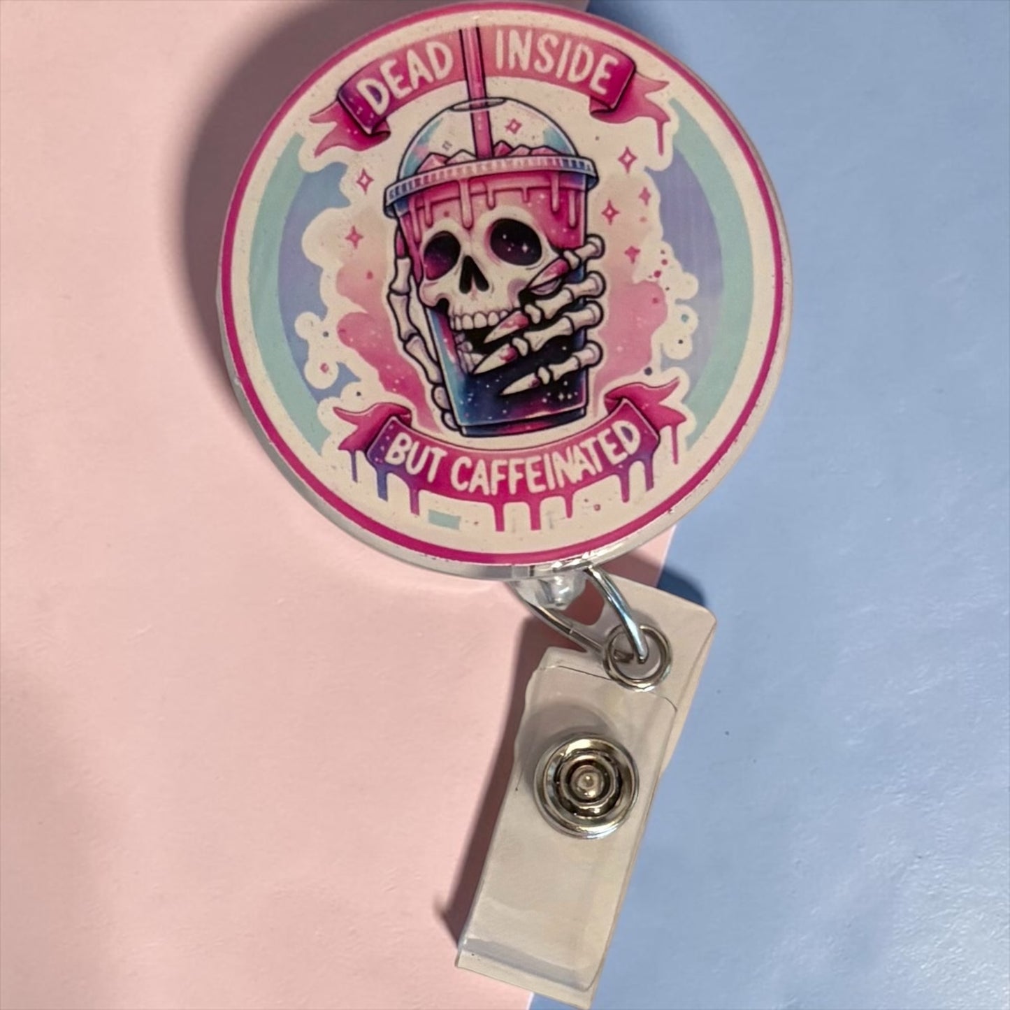 Dead Inside but Caffeinated Badge Reel – Funny Nurse ID Clip | Coffee Lover Work Badge | Caffeine Addict Gift for Healthcare & Office Staff