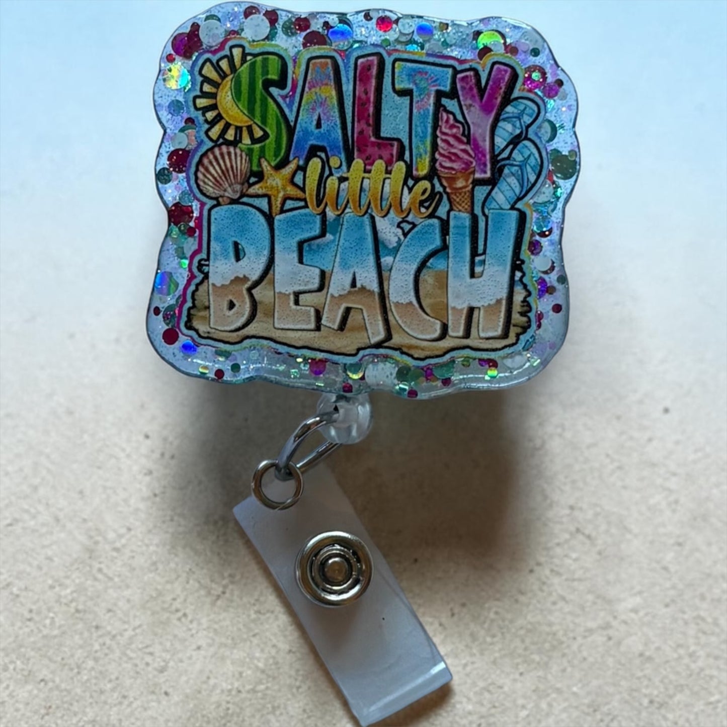 Salty Beach Badge Reel – Funny Nurse Badge Reel for ER or ICU – Beach Humor ID Holder – Nursing Gift
