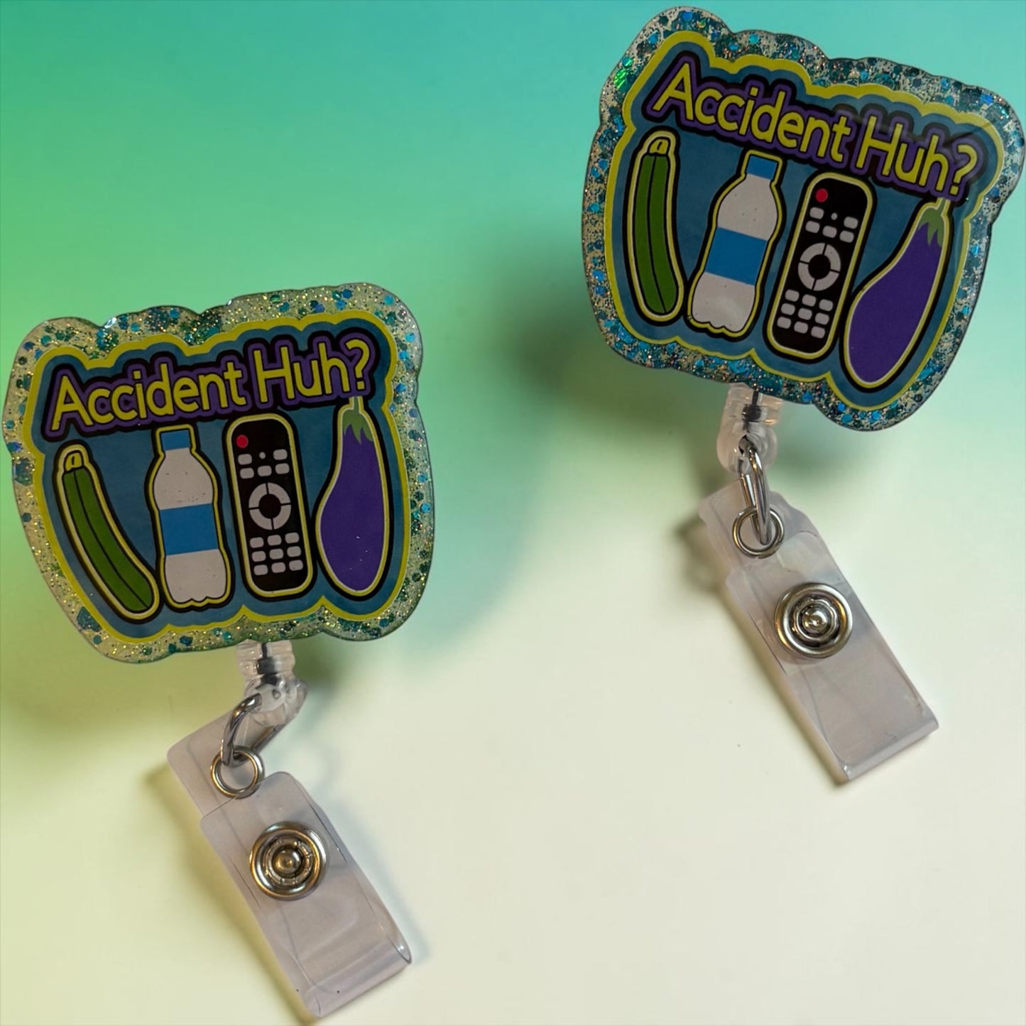 Accident Huh? Funny Badge Reel – Retractable ID Holder with Glitter Edge