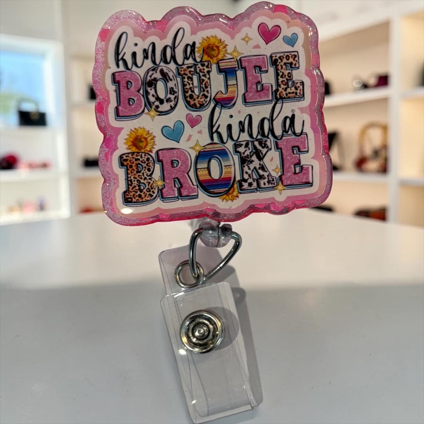 Kinda Boujee Kinda Broke Badge Reel – Funny Retractable ID Holder with Leopard & Sunflower Design