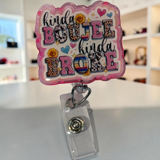 Kinda Boujee Kinda Broke Badge Reel – Funny Retractable ID Holder with Leopard & Sunflower Design