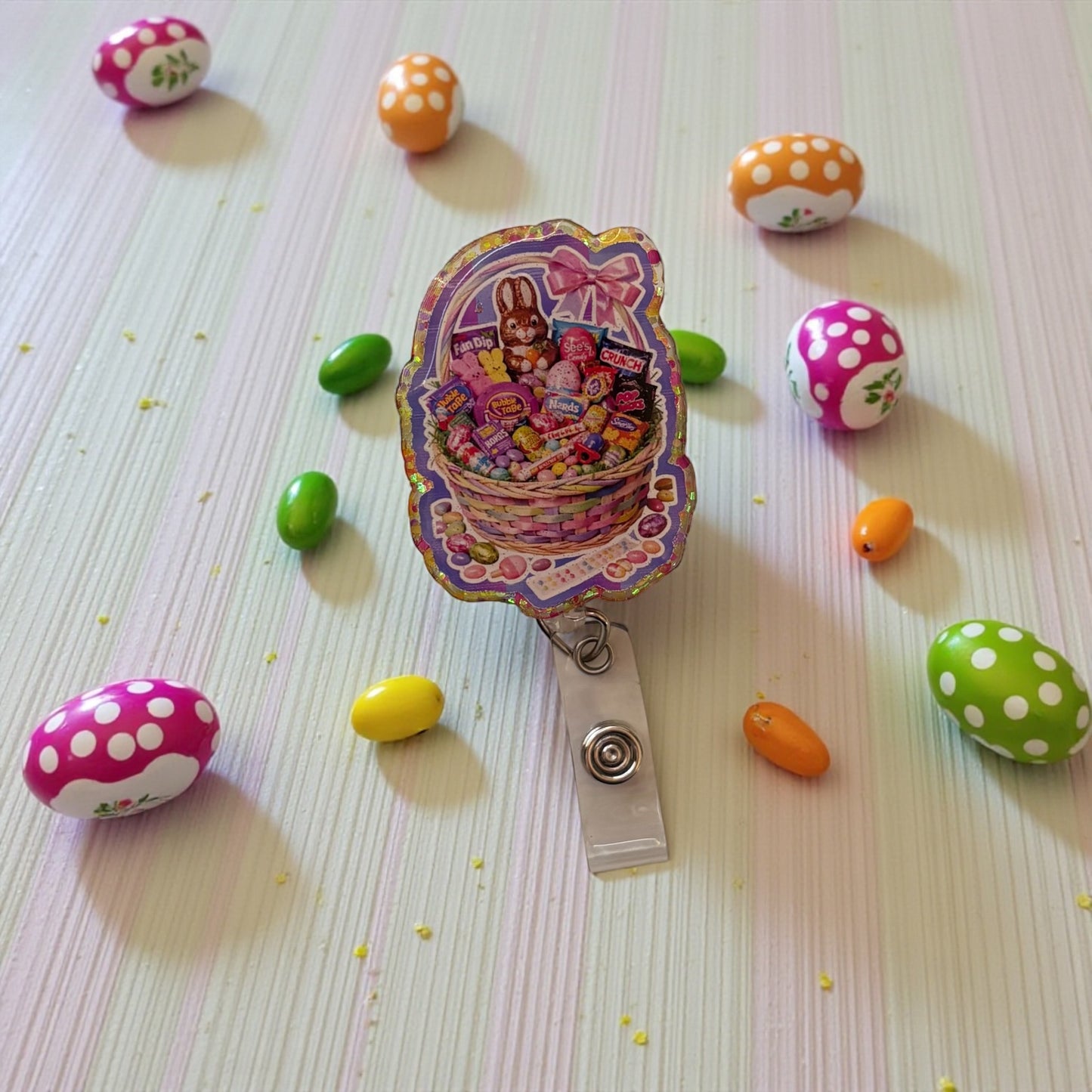 Nostalgic 90s Easter Basket Badge Reel – Retro Candy Bunny Design