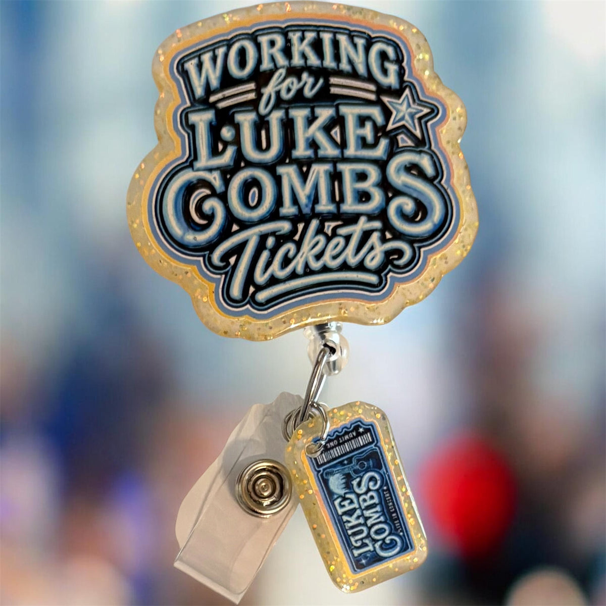 Workin’ for Luke Combs Tickets Glow-in-the-Dark Badge Reel + Ticket Charm