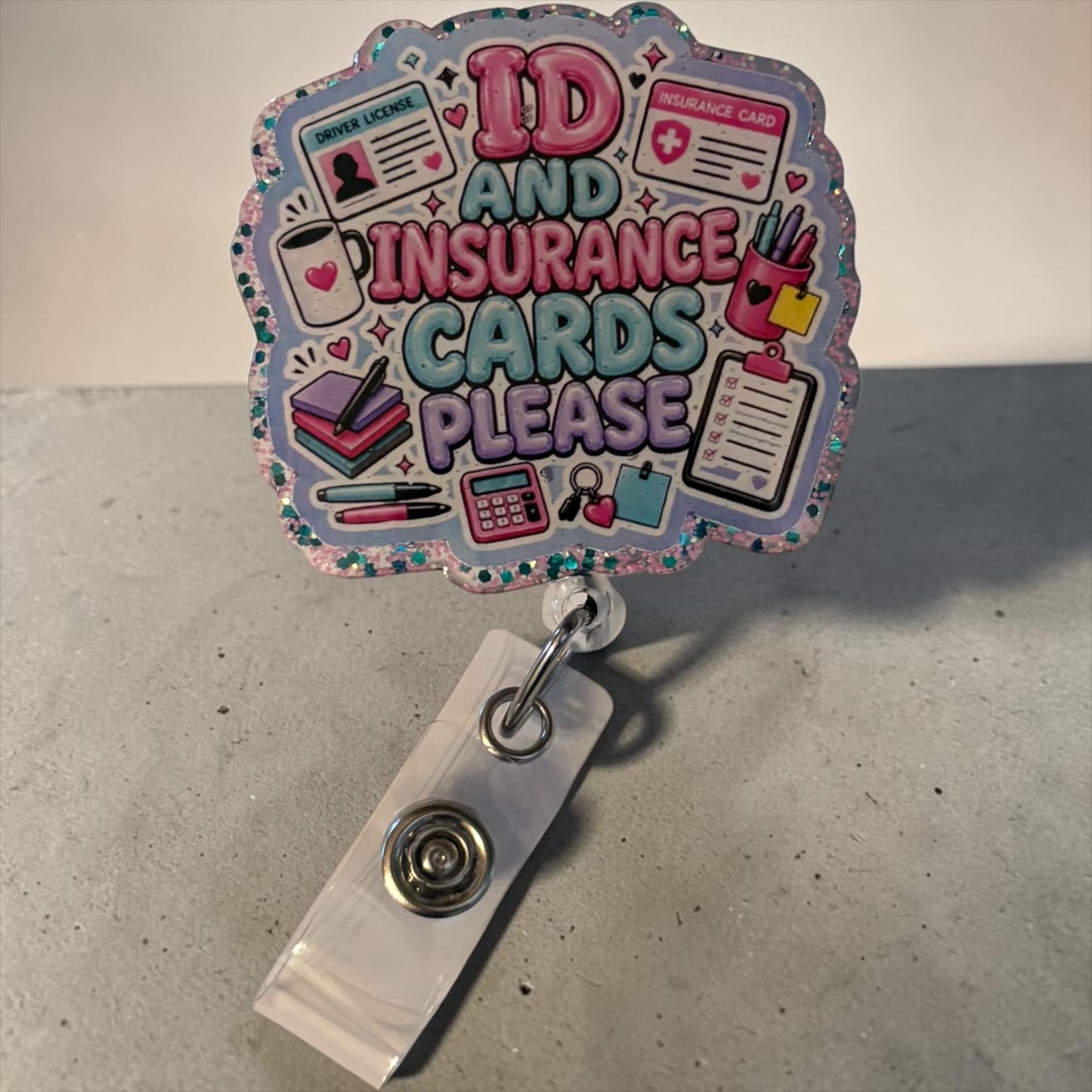 ID and Insurance Cards Please Badge Reel – Glitter Medical Receptionist Badge Holder | Cute Front Desk Office Accessory