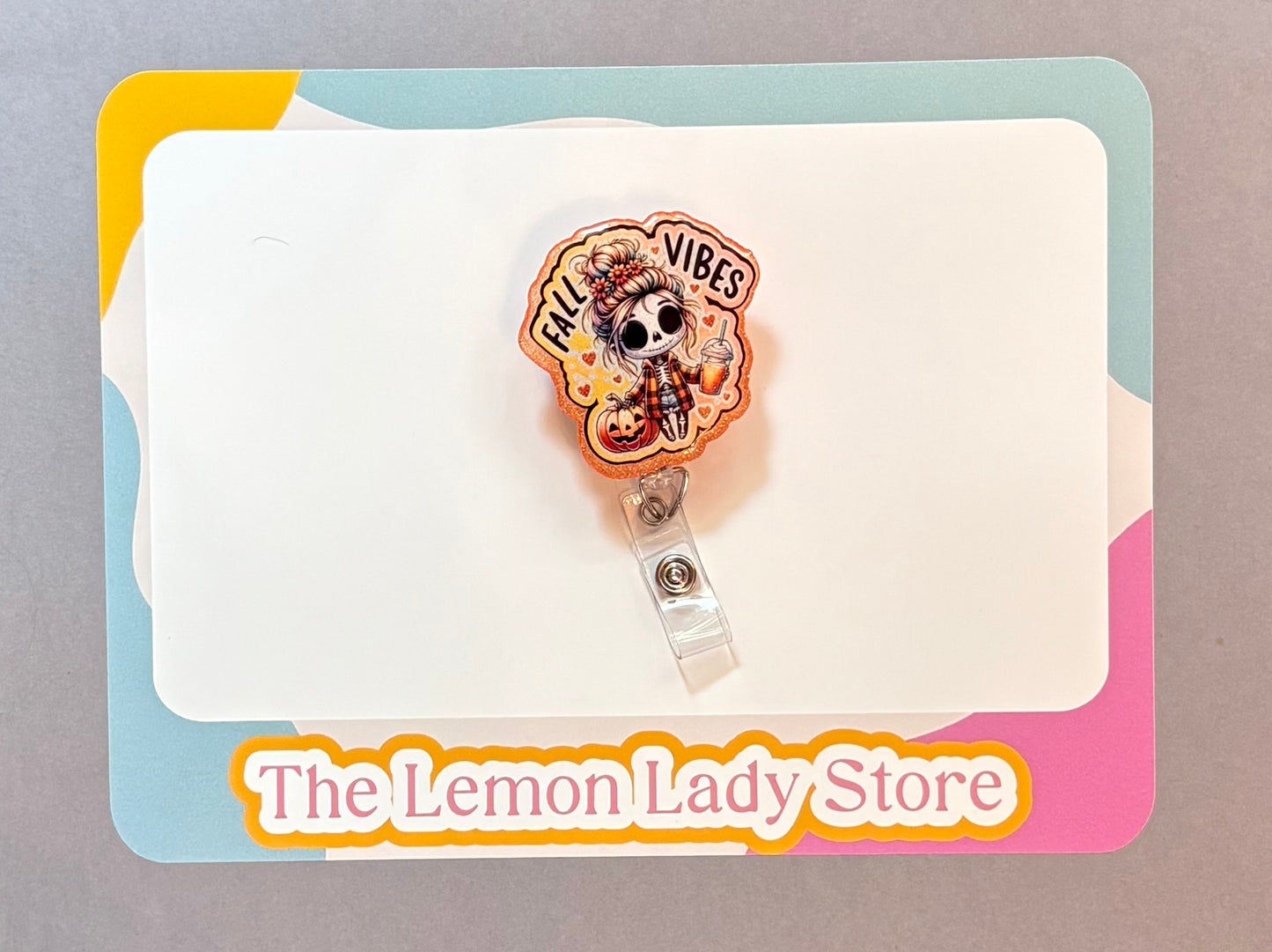 Fall Vibes Badge Reel – Cute Skeleton Pumpkin Clip for Nurses, Teachers, or Office Staff