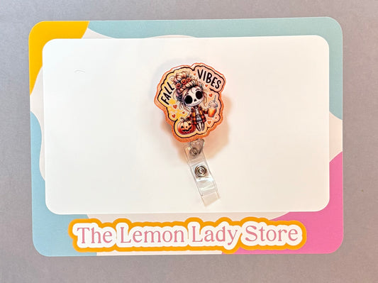 Fall Vibes Badge Reel – Cute Skeleton Pumpkin Clip for Nurses, Teachers, or Office Staff