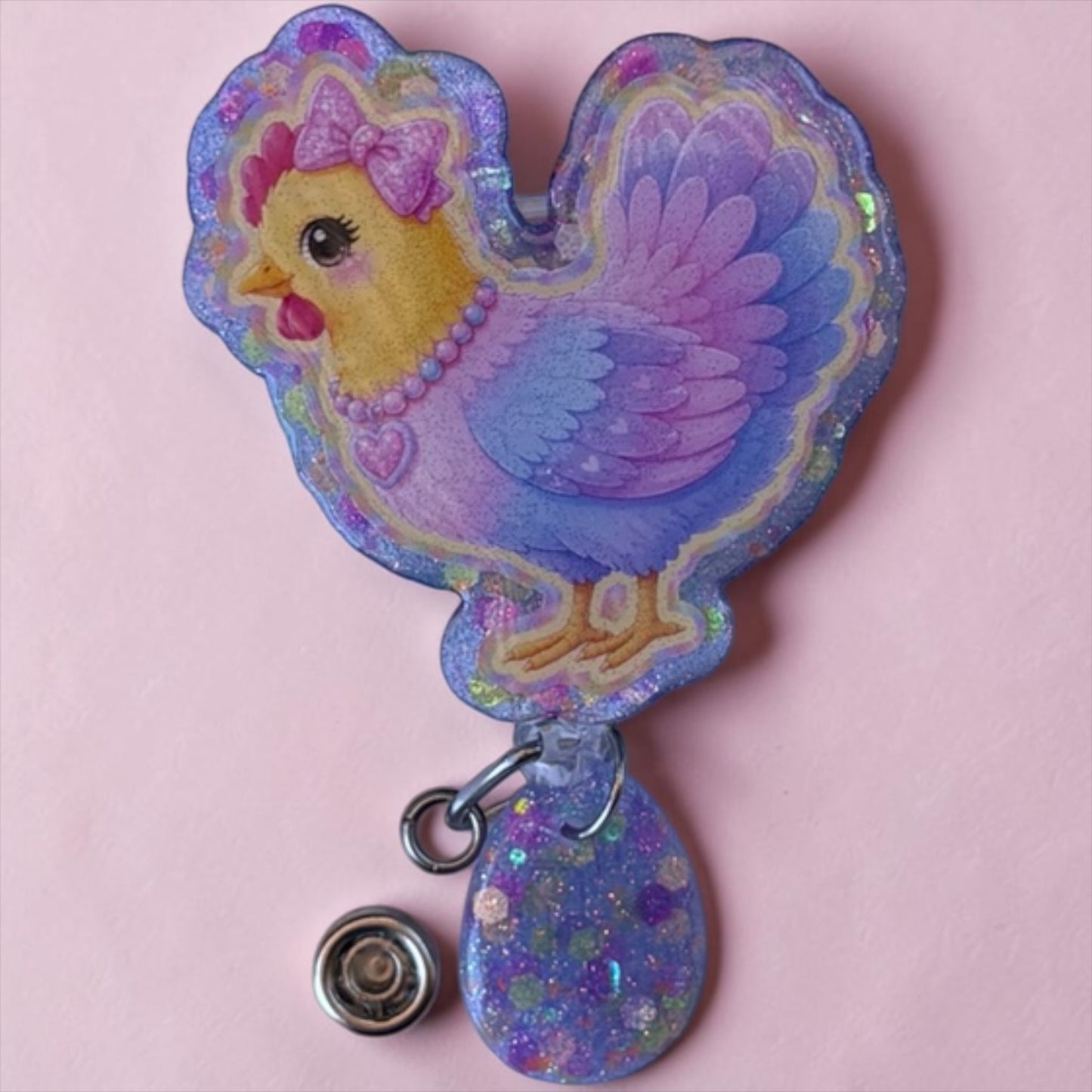 Pastel Glitter Chicken Badge Reel – Cute Girly Nurse Badge Holder