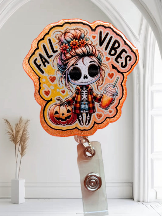 Fall Vibes Badge Reel – Cute Skeleton Pumpkin Clip for Nurses, Teachers, or Office Staff