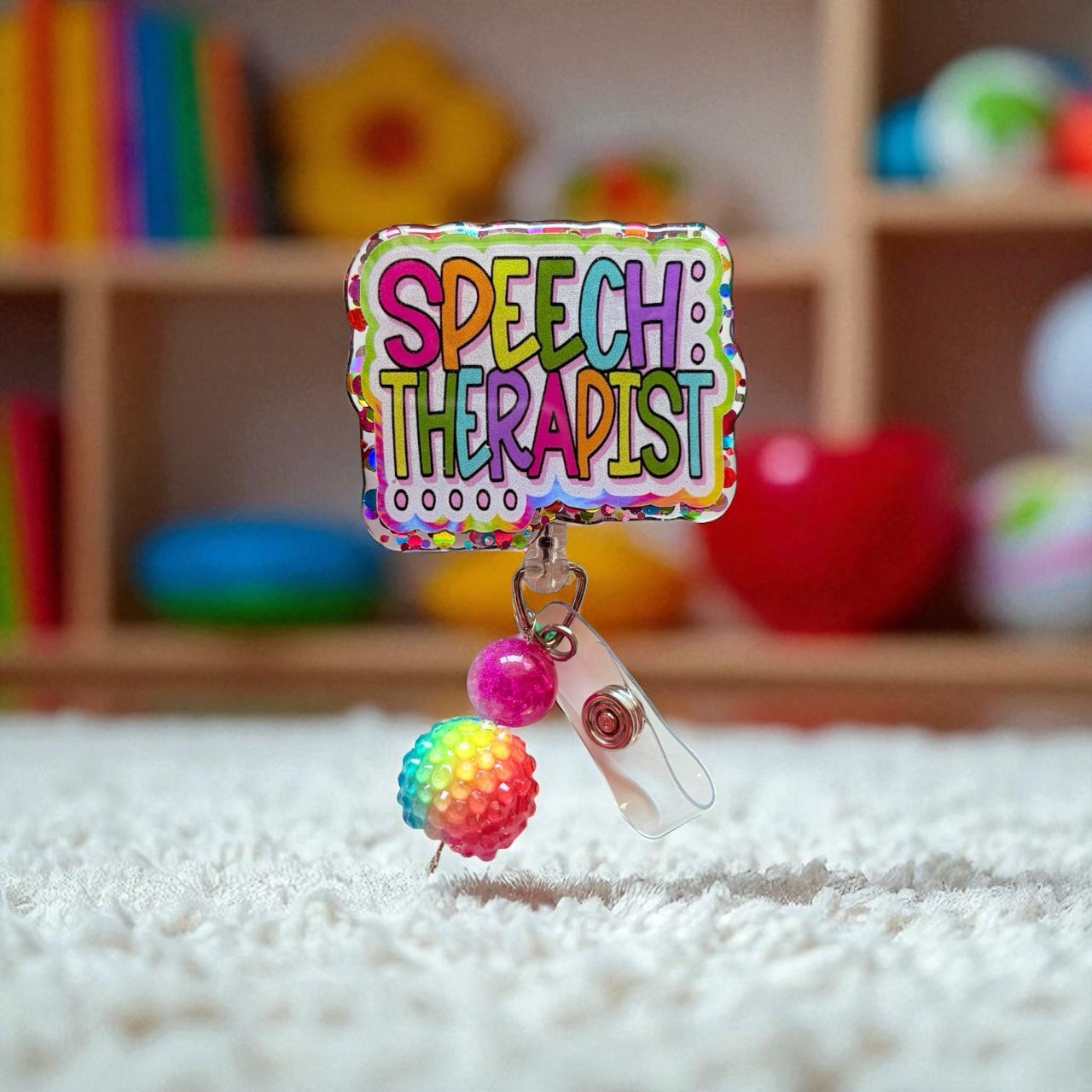Speech Therapist Badge Reel – SLP Retractable ID Holder with Fun School Design