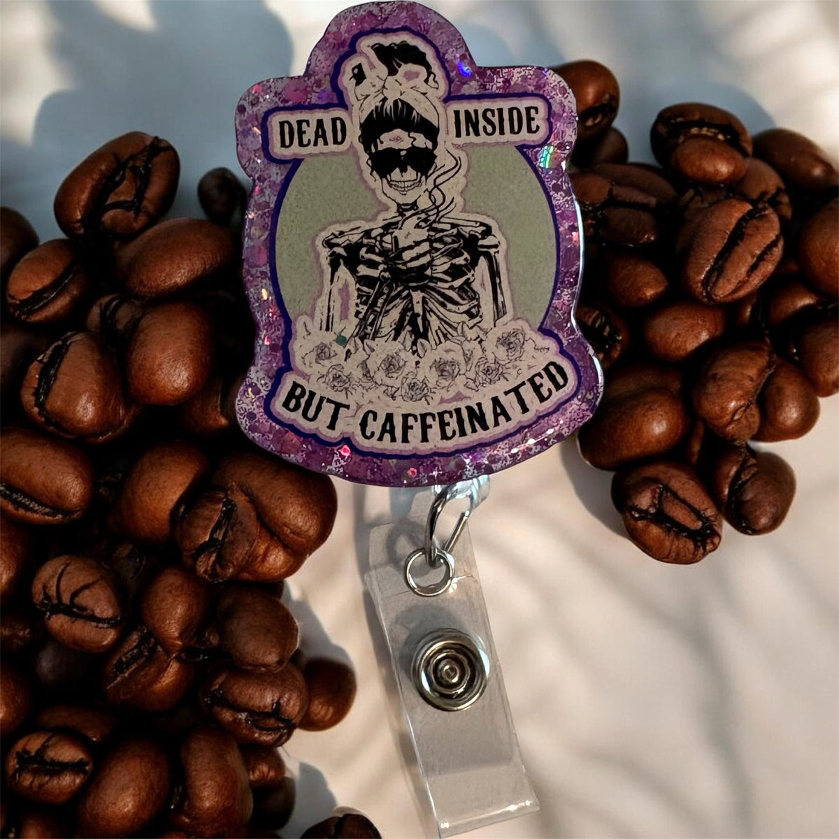 Dead Inside but Caffeinated Badge Reel – Funny Nurse ID Clip | Coffee Lover Work Badge | Caffeine Addict Gift for Healthcare & Office Staff