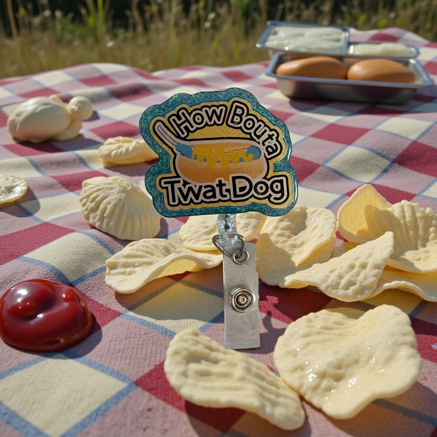 How Bout a Twat Dog Badge Reel – Funny Hot Dog Pun ID Holder