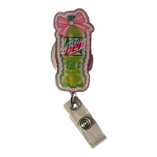 Pink Bow Mountain Dew Badge Reel | Cute Soda Badge Reel | Nurse & Healthcare ID Holder
