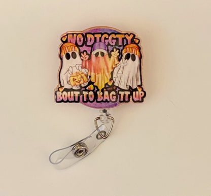 Funny Halloween Badge Reel – No Diggity Bout to Bag It Up | Ghost ID Clip | Nurse Badge Holder | Cute Spooky Fall Work Accessory