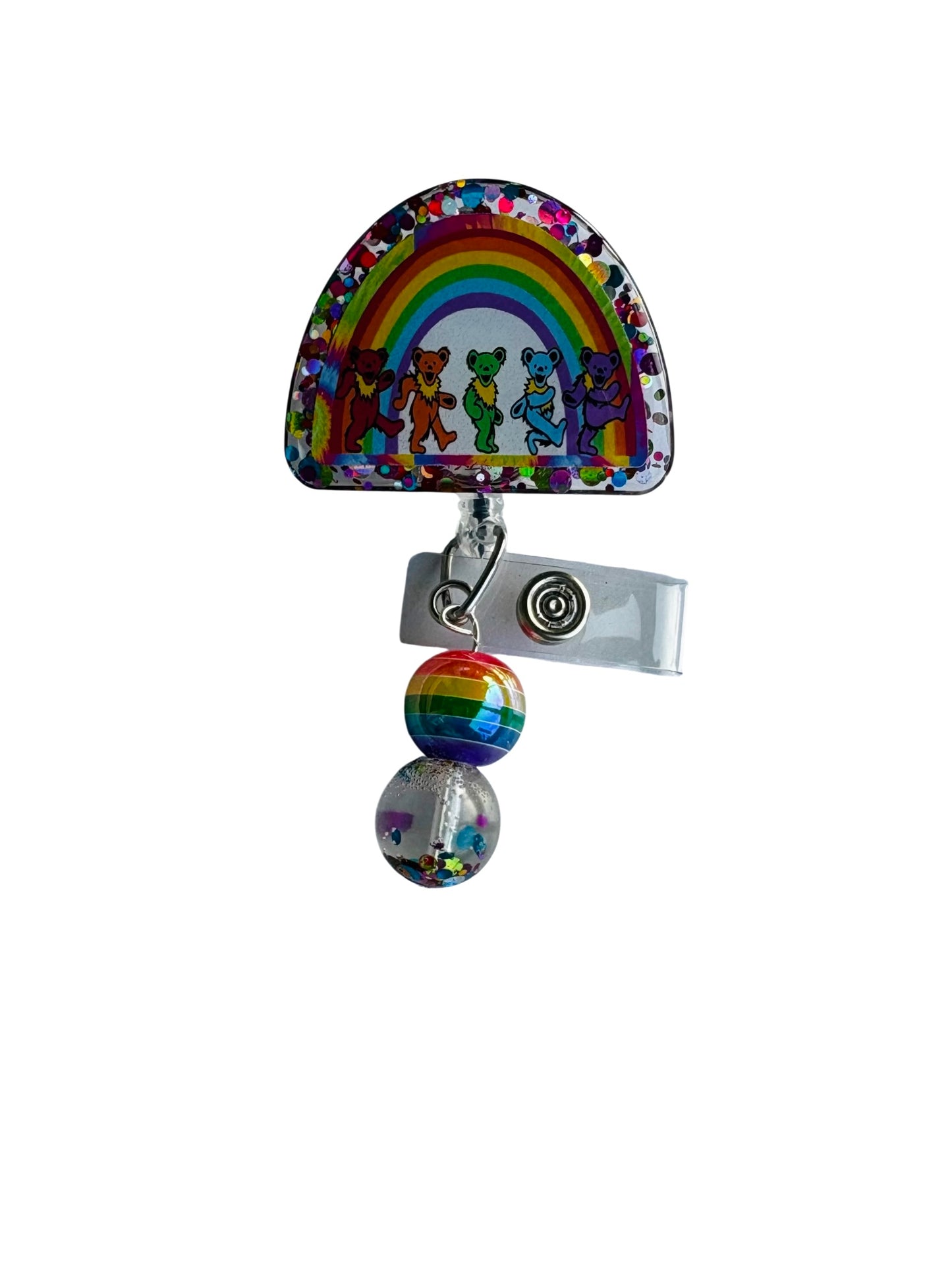 Dancing Bears Badge Reel, Rainbow Nurse ID Clip, Hippie Badge Holder, Cute Medical Accessory