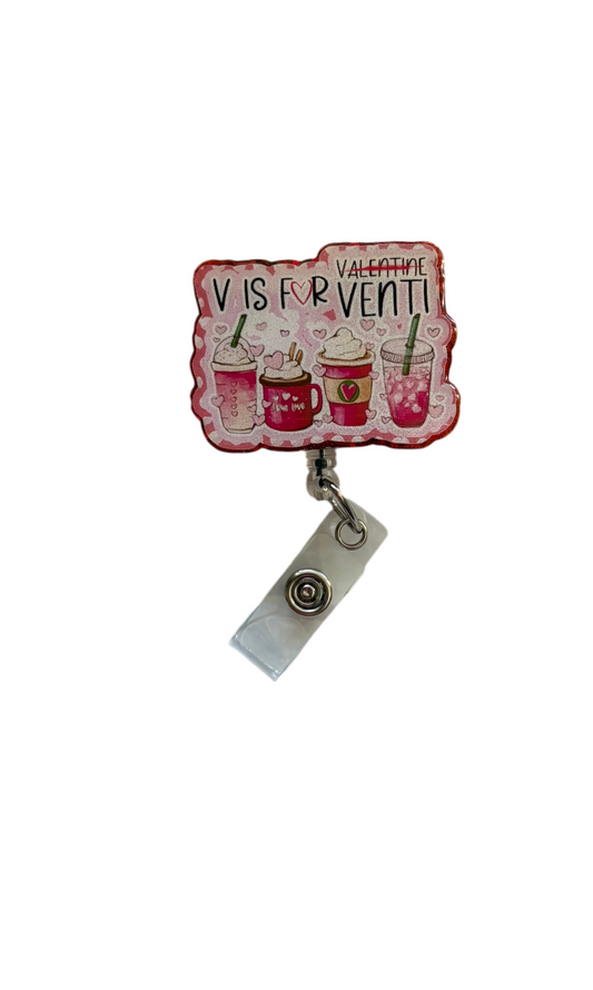 Valentine Coffee Badge Reel – “V is for Venti” Heart Latte ID Holder