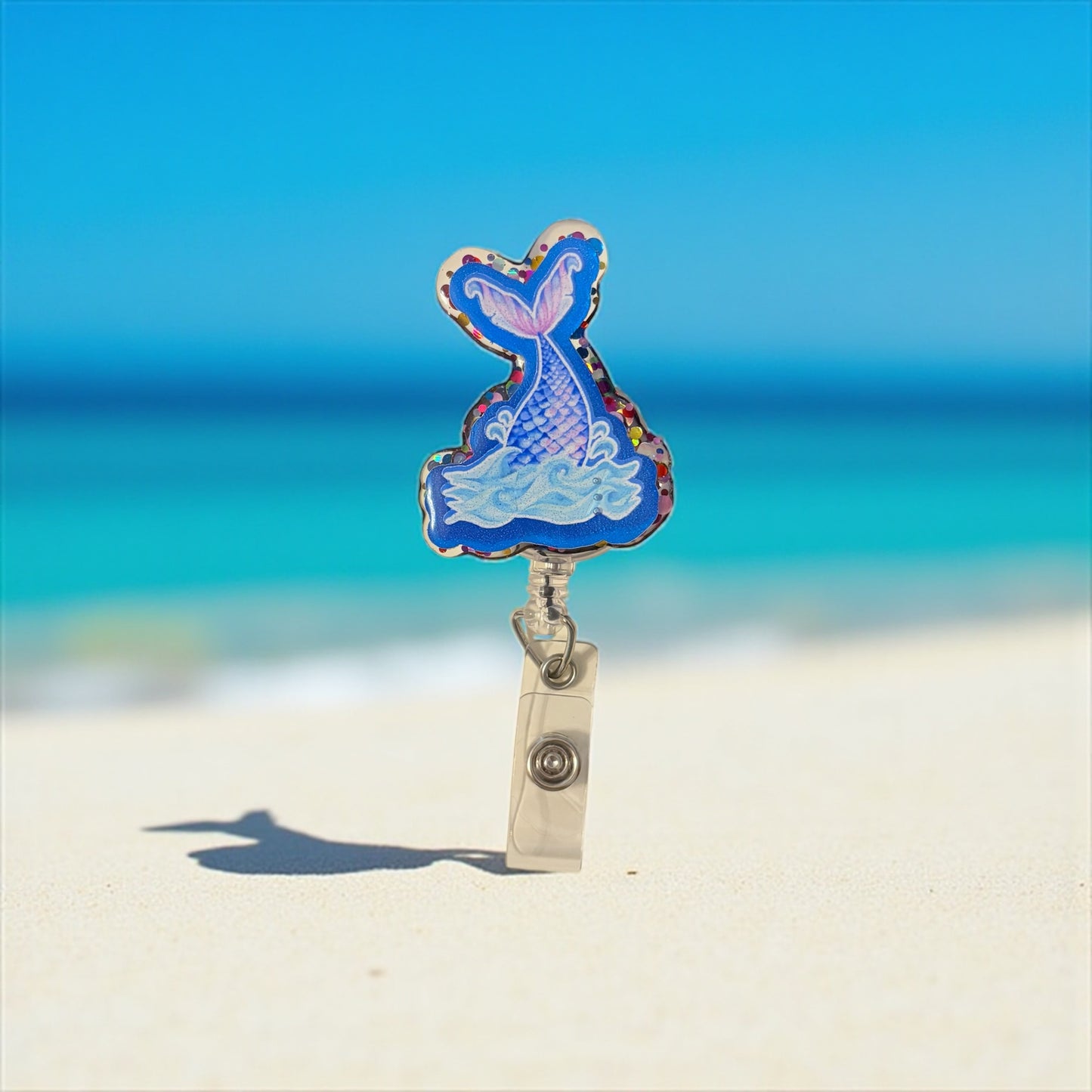 Mermaid Tail Badge Reel – Cute Glitter Retractable ID Holder for Nurses, Teachers & Office Staff