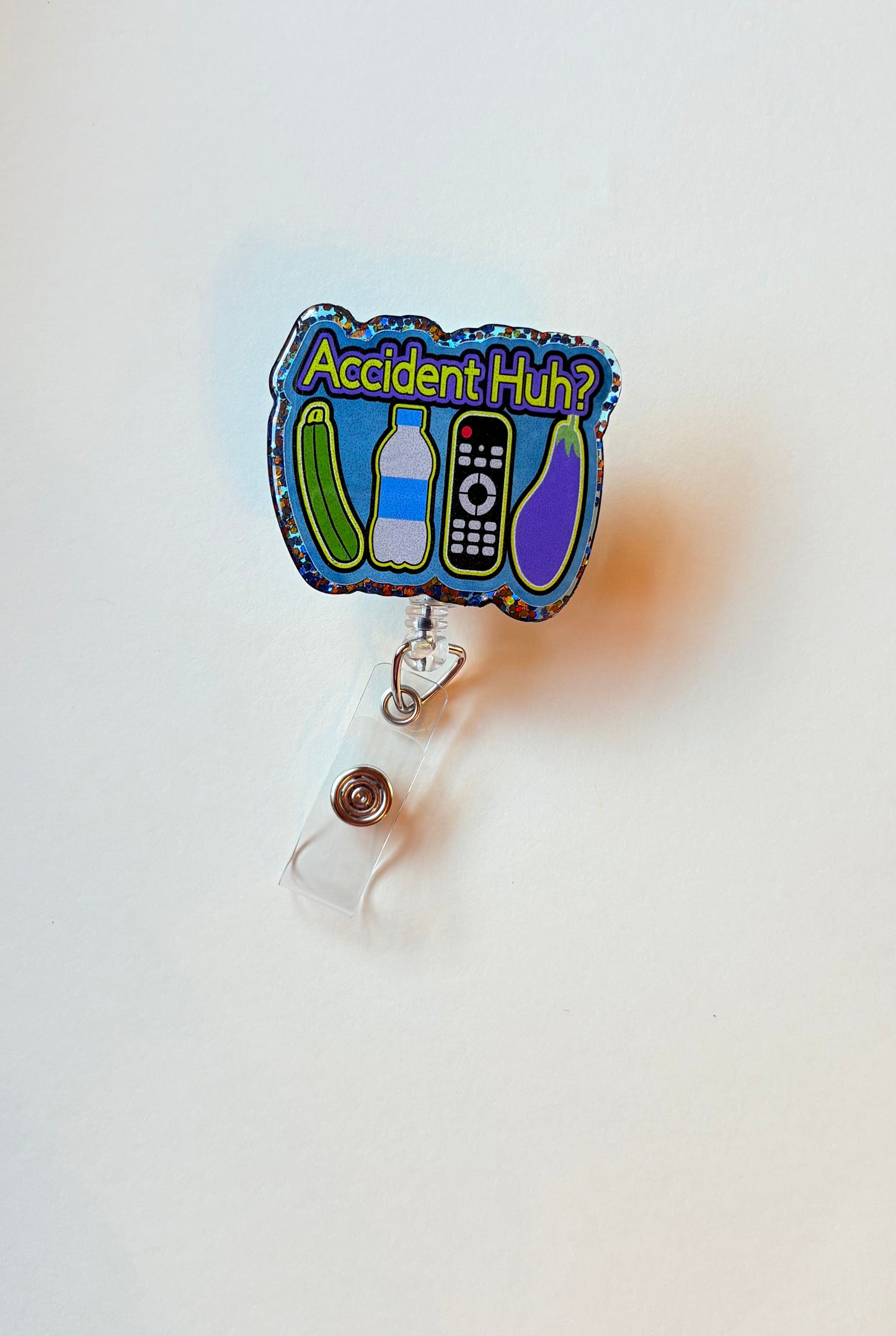 Accident Huh? Funny Badge Reel – Retractable ID Holder with Glitter Edge