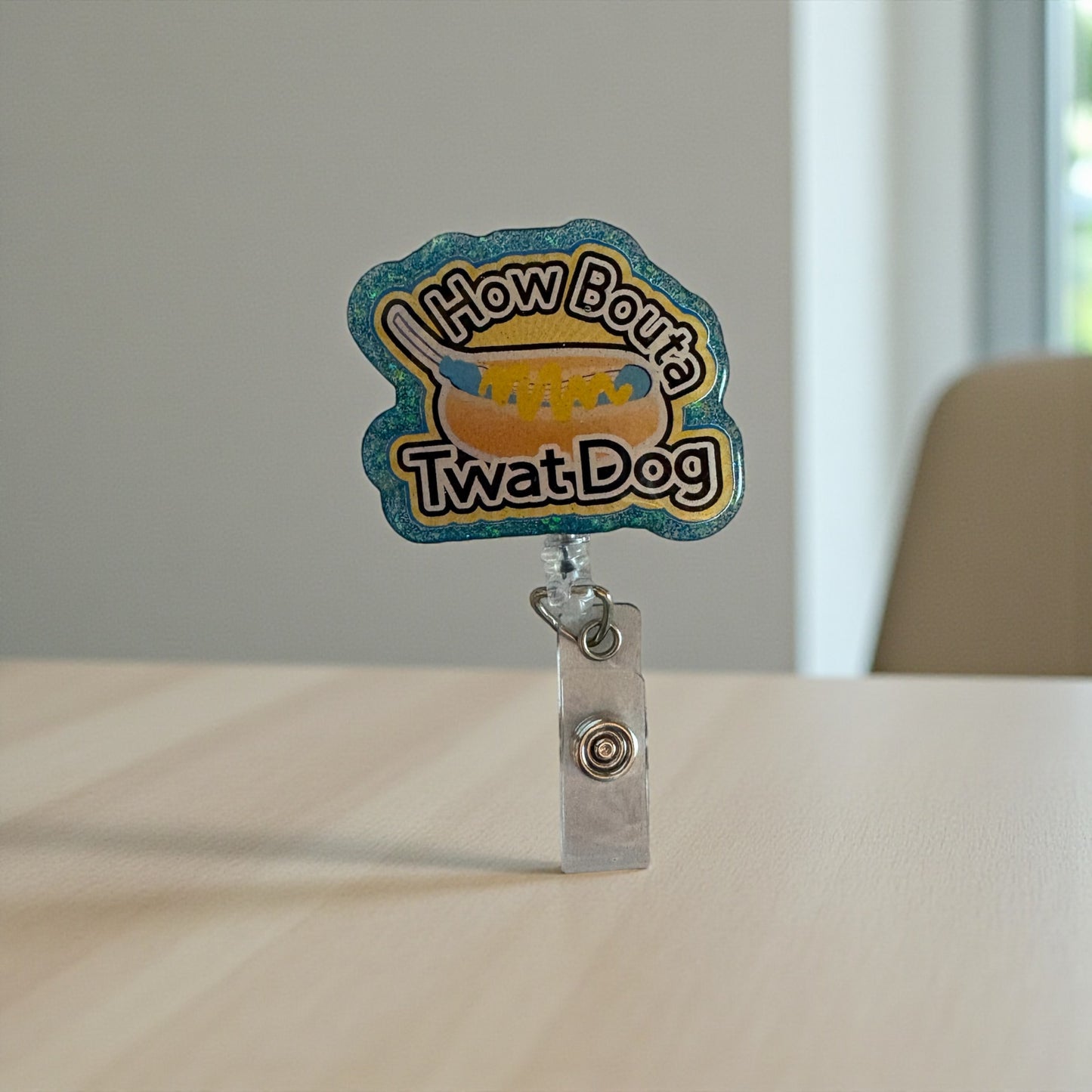 How Bout a Twat Dog Badge Reel – Funny Hot Dog Pun ID Holder