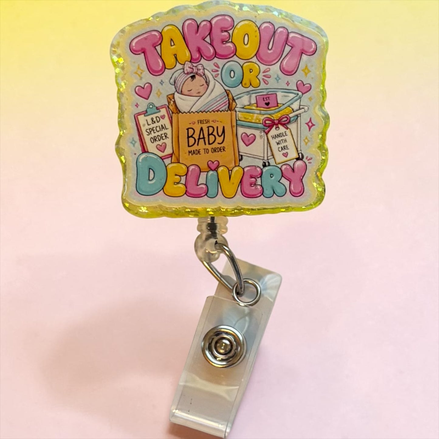 Takeout or Delivery Labor & Delivery Nurse Badge Reel | Handmade L&D Nurse ID Holder | Baby Delivery Badge Clip