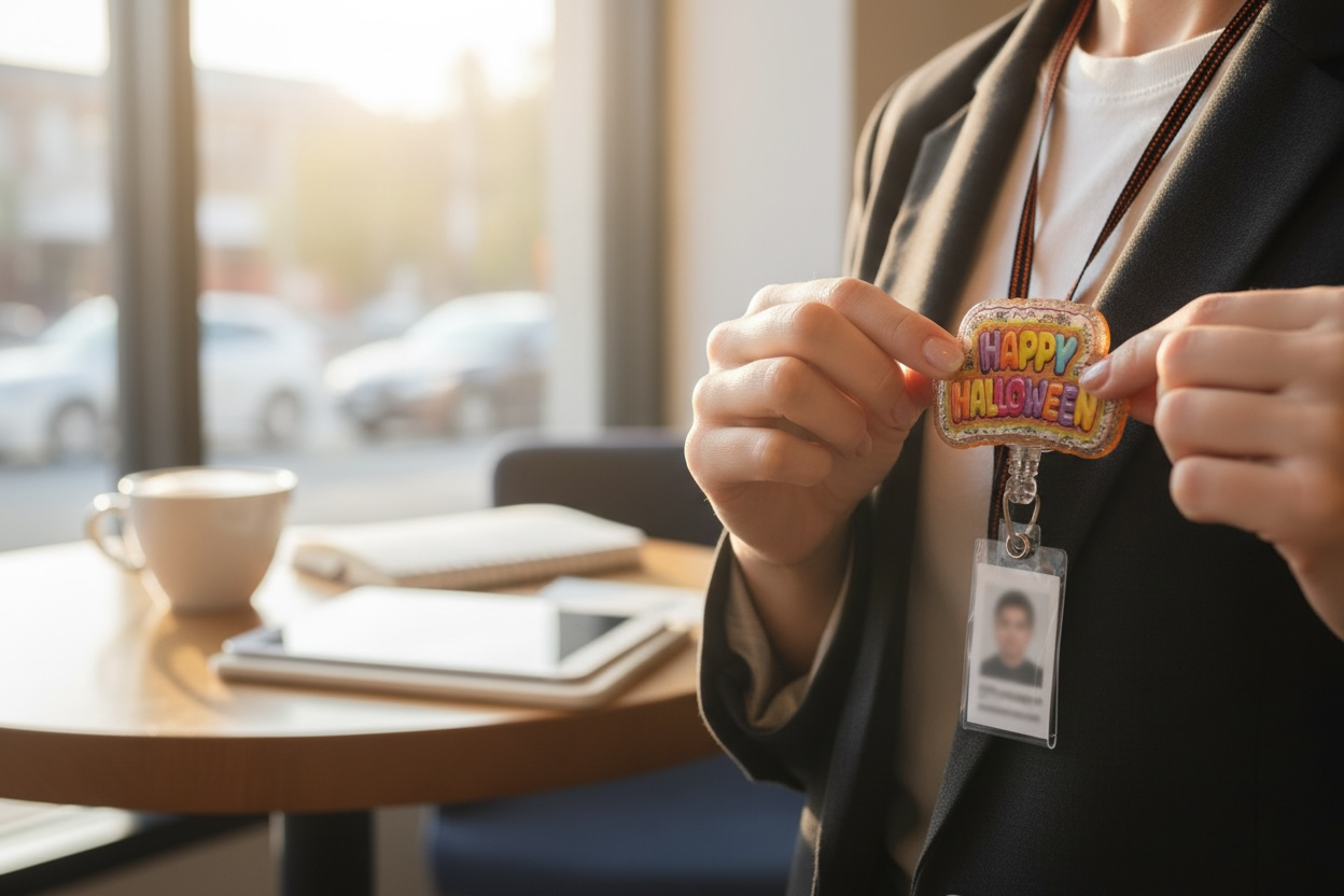 Happy Halloween Balloon Letter Badge Reel | Glitter Halloween Nurse Badge Holder | Cute Spooky Retractable ID Badge Clip