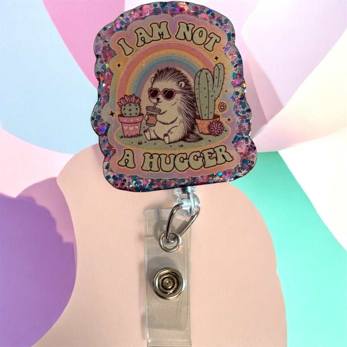 I Am Not a Hugger Badge Reel – Cute Hedgehog Cactus Rainbow ID Holder