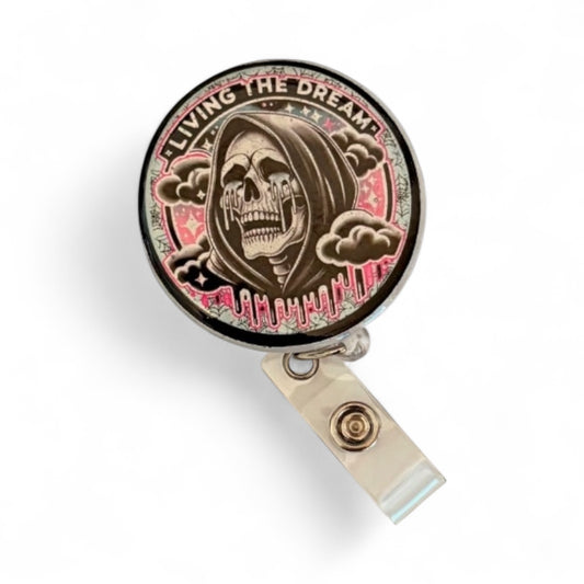 Living the Dream Badge Reel – Funny Skeleton Retractable ID Holder with Pink Drip Design