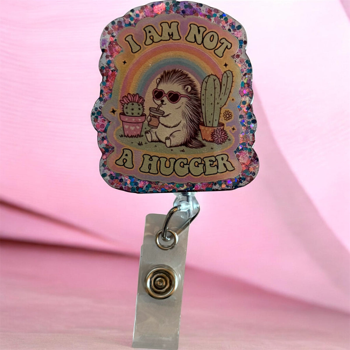 I Am Not a Hugger Badge Reel – Cute Hedgehog Cactus Rainbow ID Holder